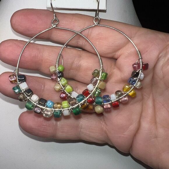 Boho Silver Tone Gemstone Chakra Dangle Hoop Earrings - Picture 5 of 9